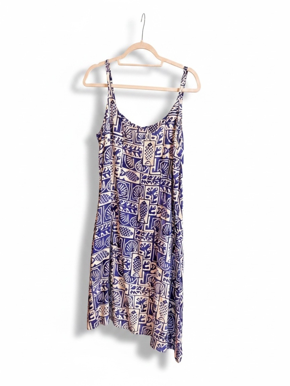 🌞Vintage Rum Reggae Purple Ivory Tropical Fish Shell Rayon Sundress Medium